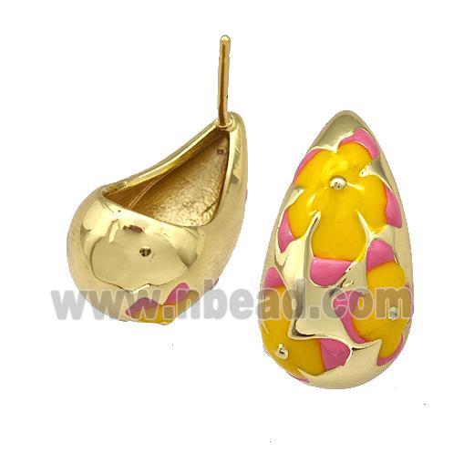 Copper Teardrop Stud Earrings Yellow Pink Enamel Hollow Gold Plated