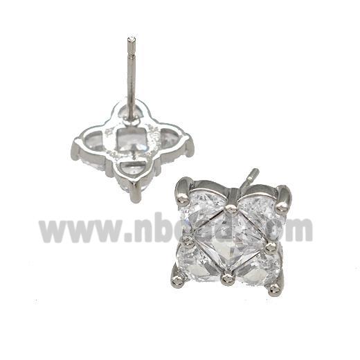 Copper Stud Earrings Micro Pave Zirconia Flower Platinum Plated