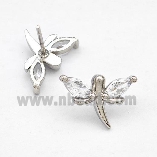 Copper Dragonfly Stud Earrings Pave Zirconia Platinum Plated