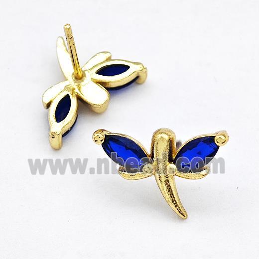 Copper Dragonfly Stud Earrings Pave Blue Zirconia Gold Plated