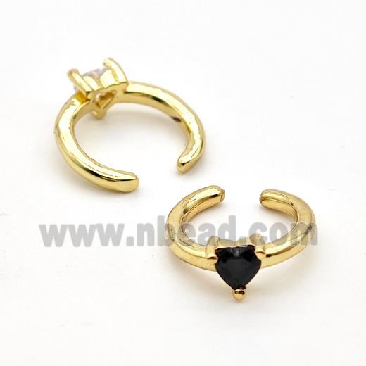 Copper Clip Earrings Pave Black Crystal Glass Heart Gold Plated