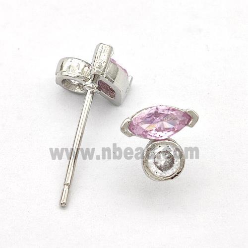 Copper Stud Earrings Pave Pink Zirconia Eye Platinum Plated