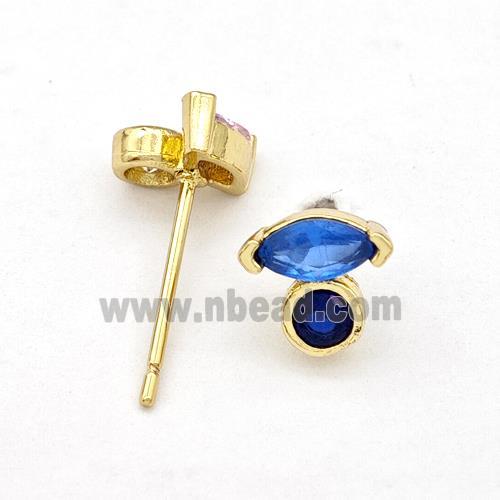 Copper Stud Earrings Pave Blue Zirconia Eye Gold Plated