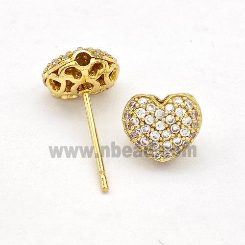 Copper Stud Earrings Pave Zirconia Heart Gold Plated