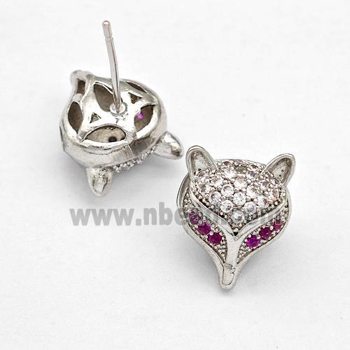 Copper Stud Earrings Pave Zirconia Fox Platinum Plated