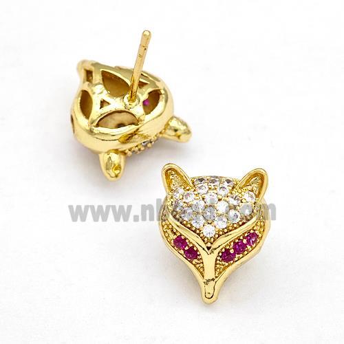 Copper Stud Earrings Pave Zirconia Fox Gold Plated