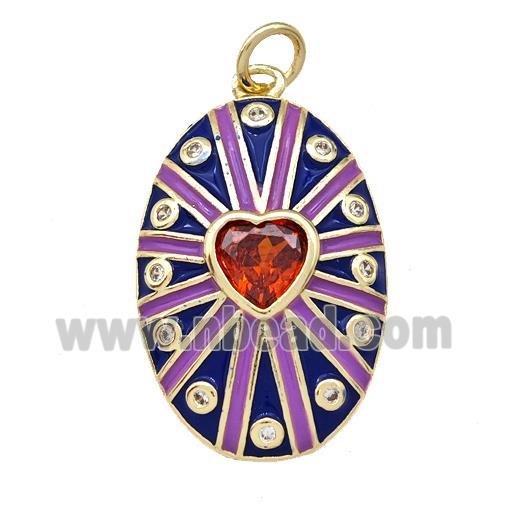 Copper Oval Pendant Pave Red Zirconia Heart Blue Enamel Gold Plated