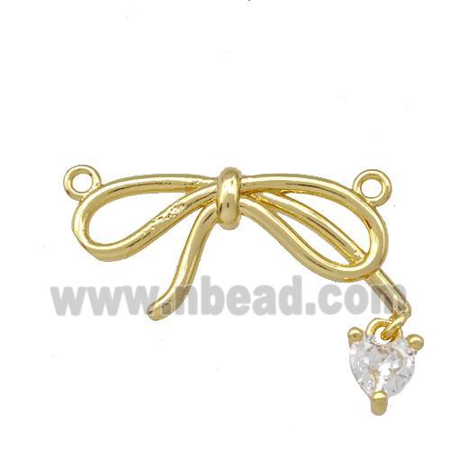 Copper Bow Pendant Pave Zirconia Heart 2loops Gold Plated