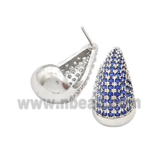 Copper Teardrop Stud Earrings Micro Pave Blue Zirconia Platinum Plated