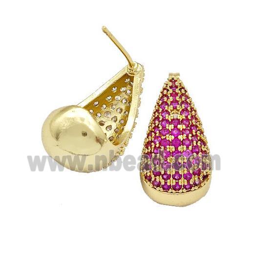 Copper Teardrop Stud Earrings Micro Pave Fuchsia Zirconia Gold Plated