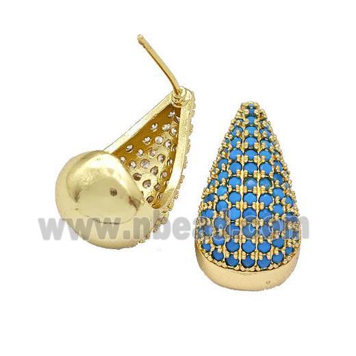 Copper Teardrop Stud Earrings Pave Turqblue Zirconia Hollow Gold Plated