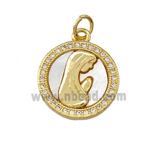Virgin Mary Charms Copper Circle Pendant Pave Shell Zirconia Prayer 18K Gold Plated