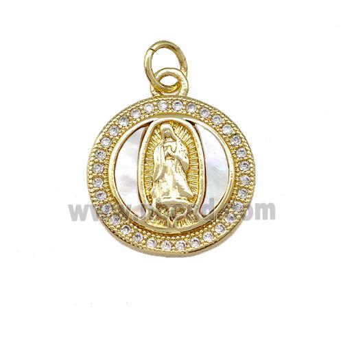 Jesus Charms Copper Circle Pendant Pave Shell Zirconia 18K Gold Plated