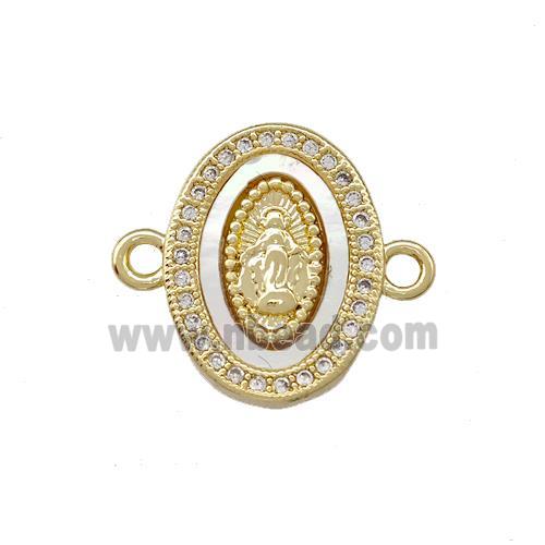 Virgin Mary Charms Copper Oval Connector Pave Shell Zirconia 18K Gold Plated