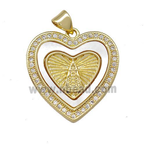 Virgin Mary Charms Copper Heart Pendant Pave Shell Zirconia 18K Gold Plated