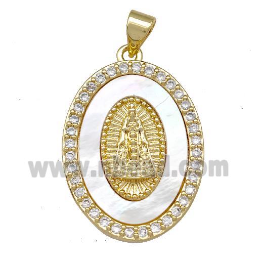 Virgin Mary Charms Copper Oval Pendant Pave Shell Zirconia 18K Gold Plated