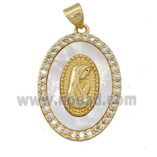 Virgin Mary Charms Copper Oval Pendant Pave Shell Zirconia Prayer 18K Gold Plated