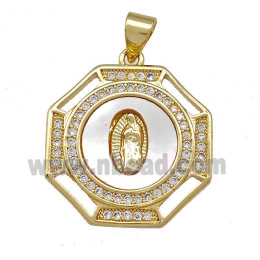 Jesus Charms Copper Octangle Pendant Pave Shell Zirconia 18K Gold Plated