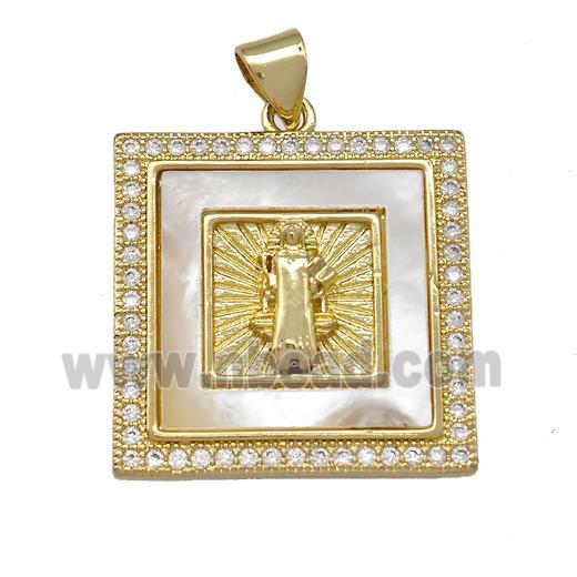 Jesus Charms Copper Square Pendant Pave Shell Zirconia 18K Gold Plated
