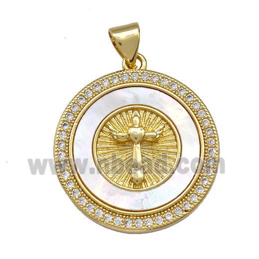 Copper Circle Pendant Pave Shell Zirconia Cross 18K Gold Plated