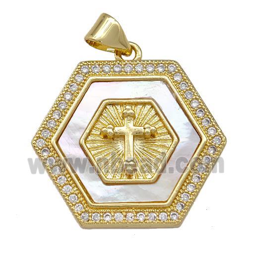 Copper Hexagon Pendant Pave Shell Zirconia Cross 18K Gold Plated