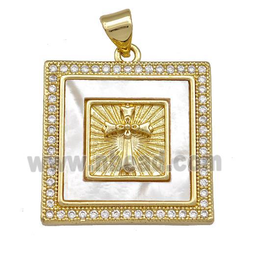 Copper Square Pendant Pave Shell Zirconia Cross 18K Gold Plated