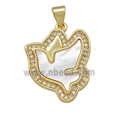 Copper Doves Pendant Pave Shell Zirconia Birds 18K Gold Plated