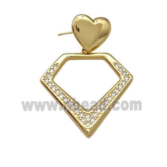 Copper Diamond Stud Earrings Pave Zirconia Heart Gold Plated