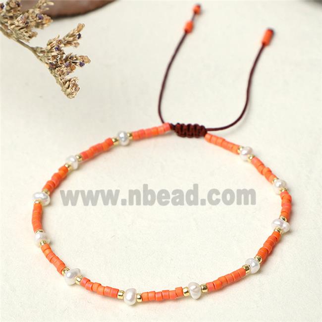 handmade miyuki seed glass Bracelet with Pearl, adjustable, orange
