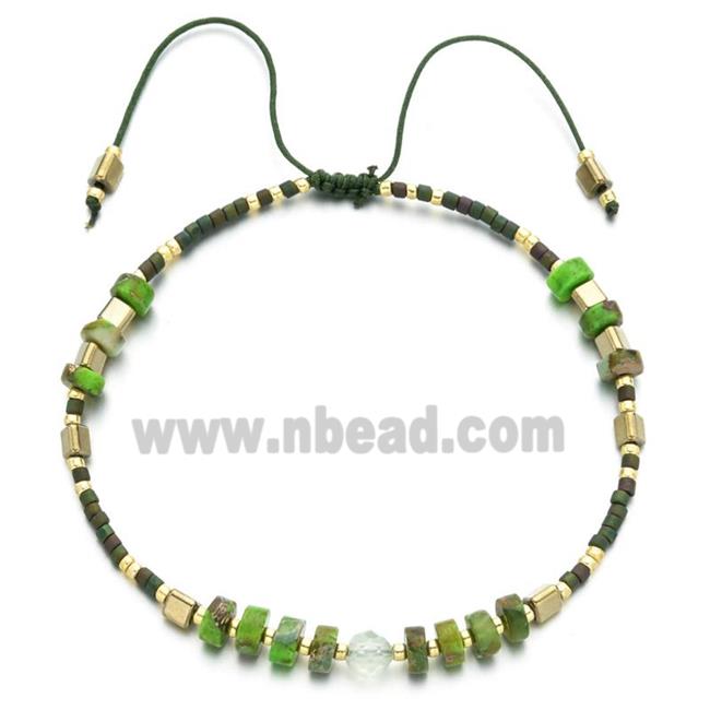 handmade miyuki glass Bracelet with Imperial Jasper, adjustable, olive