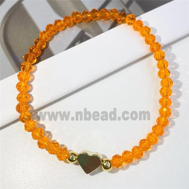 Chinese Crystal Glass Bracelet with gold heart, stretchy, orange