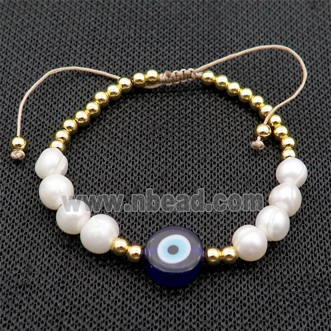 Pearl Bracelet With Lampwork Evil Eye Copper Adjustable