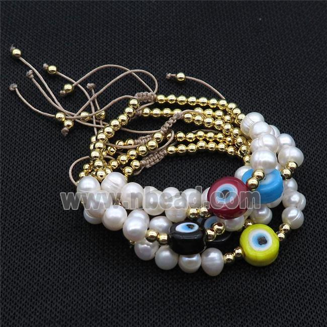 Pearl Bracelet With Lampwork Evil Eye Copper Adjustable Mixed