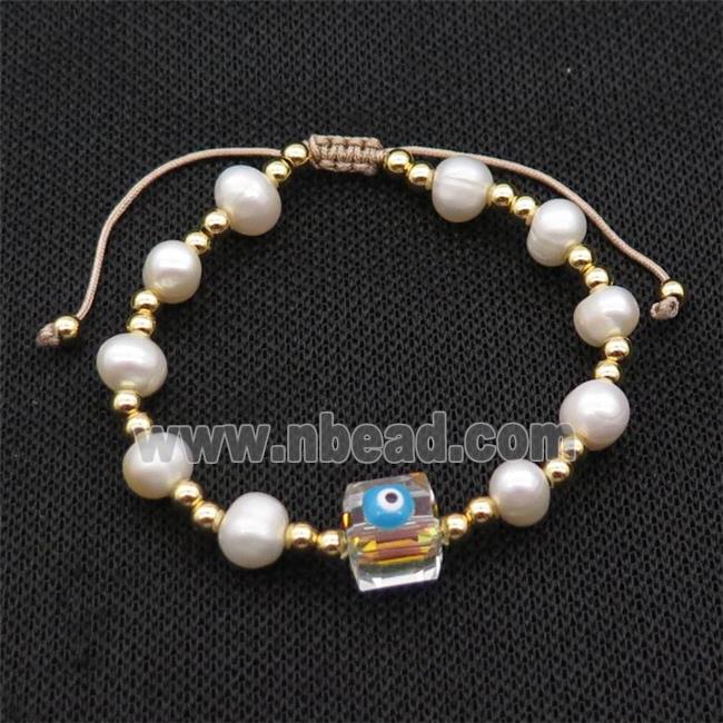Pearl Bracelet With Evil Eye Copper Adjustable