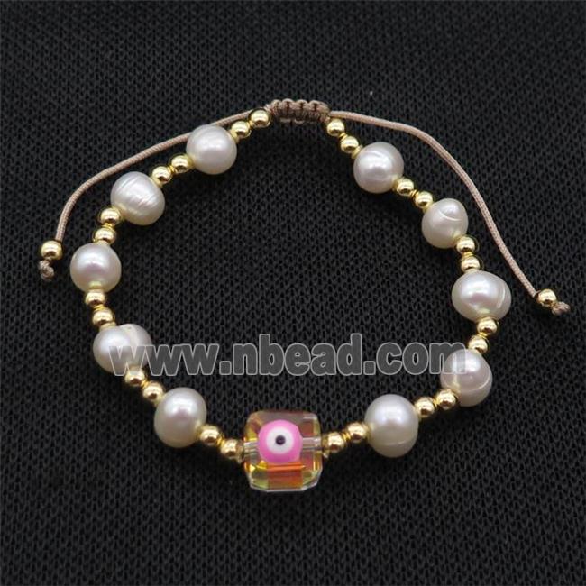 Pearl Bracelet With Evil Eye Copper Adjustable
