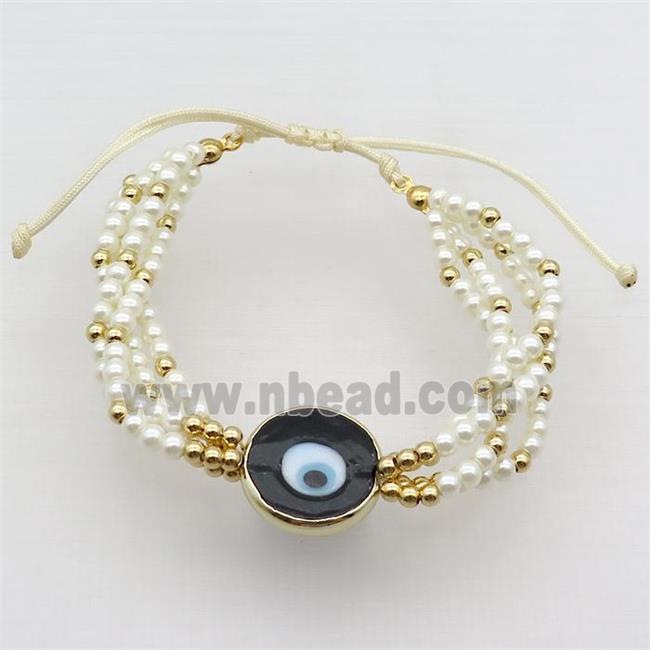 White Pearlized Glass Bracelet Black Evil Eye Adjustable