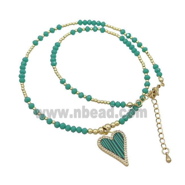 Green Crystal Glass Necklace Malachite Heart Gold Plated