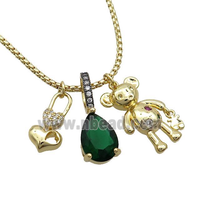 Copper Necklace LockHeart Bear Pave Zircon Crystal Glass Gold Plated