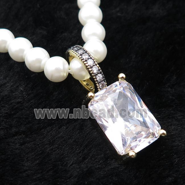 White Pearlized Plastic Necklace Pave Clear Crystal Glass Rectangle
