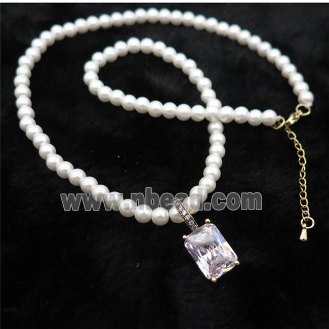 White Pearlized Plastic Necklace Pave Clear Crystal Glass Rectangle