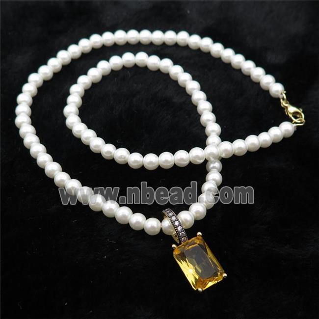 White Pearlized Plastic Necklace Pave Golden Crystal Glass Rectangle