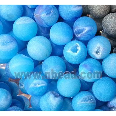 druzy Agate Stone beads, round, frosted, blue