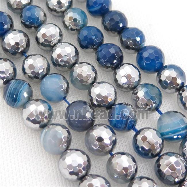 blue striped Agate Beads, half silver electroplated