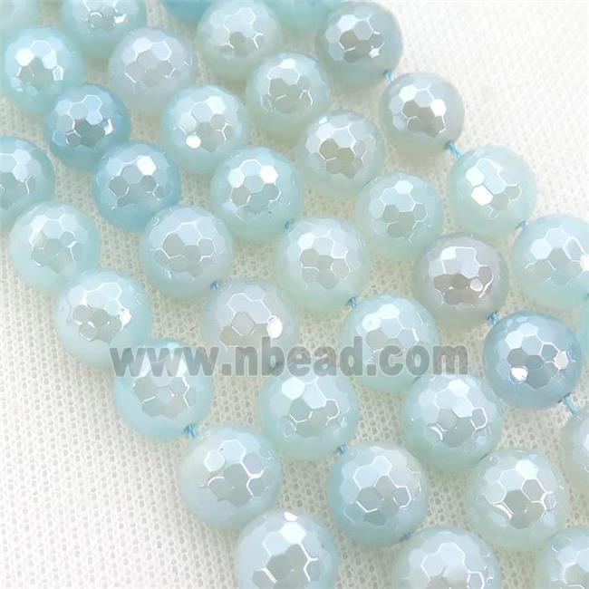 lt.aqua Agate Beads, faceted round, light electroplated