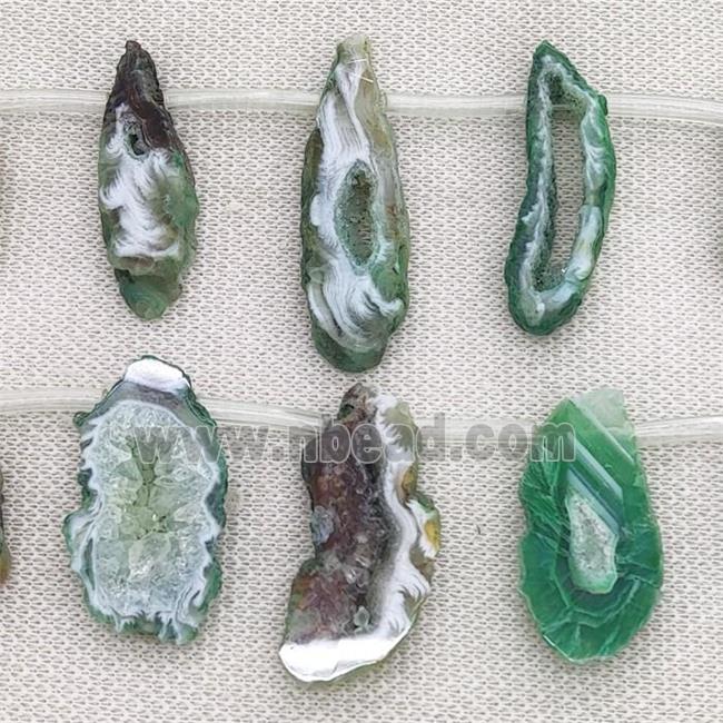 green Agate Geode Druzy slice beads, top-drilled