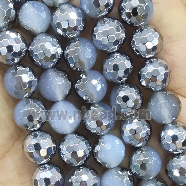 GrayWhite Agate Beads Faceted Round Half Silver Plated