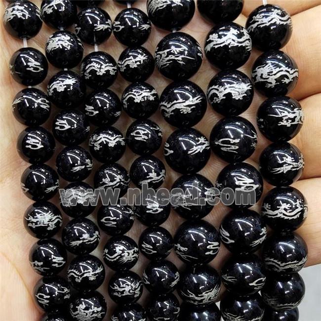 Natural Black Obsidian Beads Round Carved Loong Buddhist
