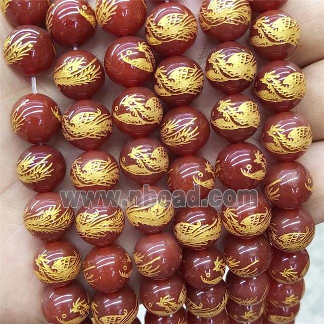 Natural Red Agate Beads Round Carved Phoenix