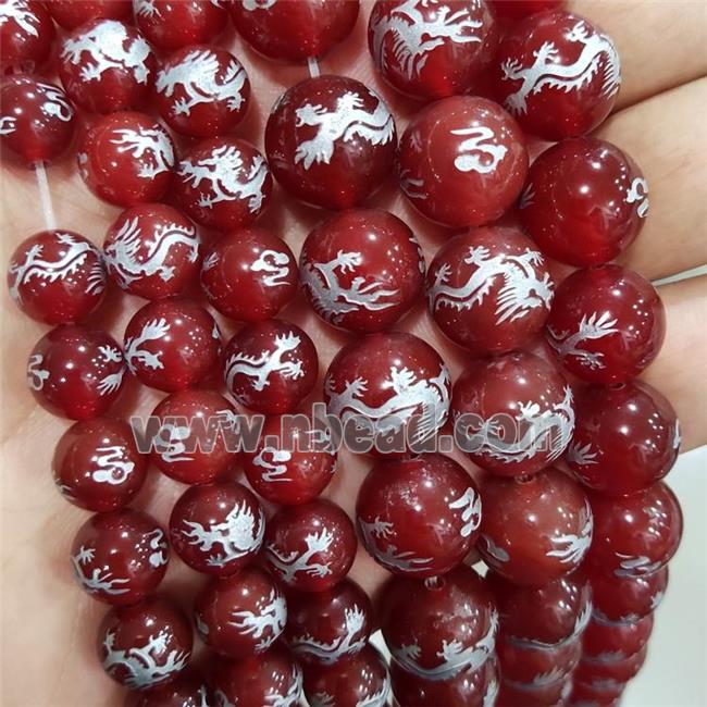 Natural Agate Beads Red Dye Round Carved Dragon