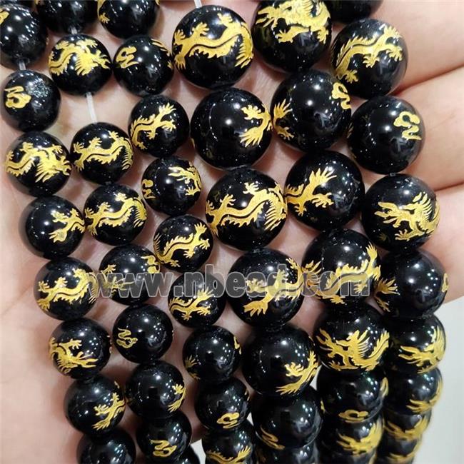 Natural Agate Beads Black Dye Round Carved Dragon